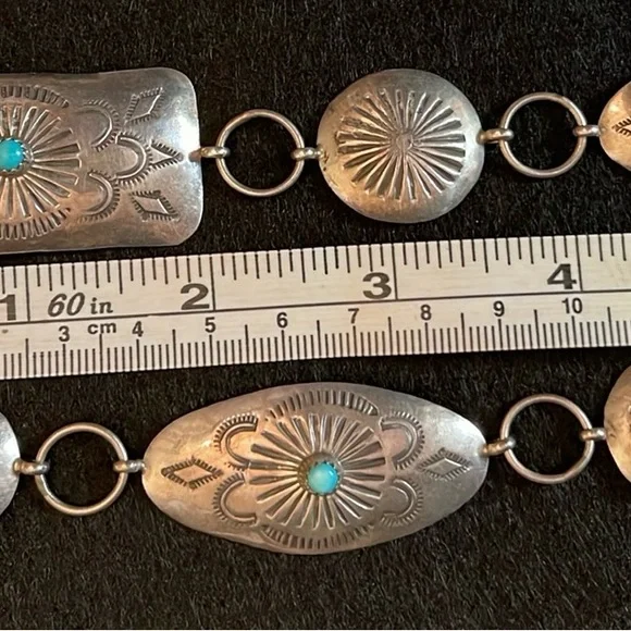AUTHENTIC NATIVE AMERICAN STERLING SILVER AND TURQUOISE CONCHO BELT 🔥VINTAGE - Picture 11 of 11
